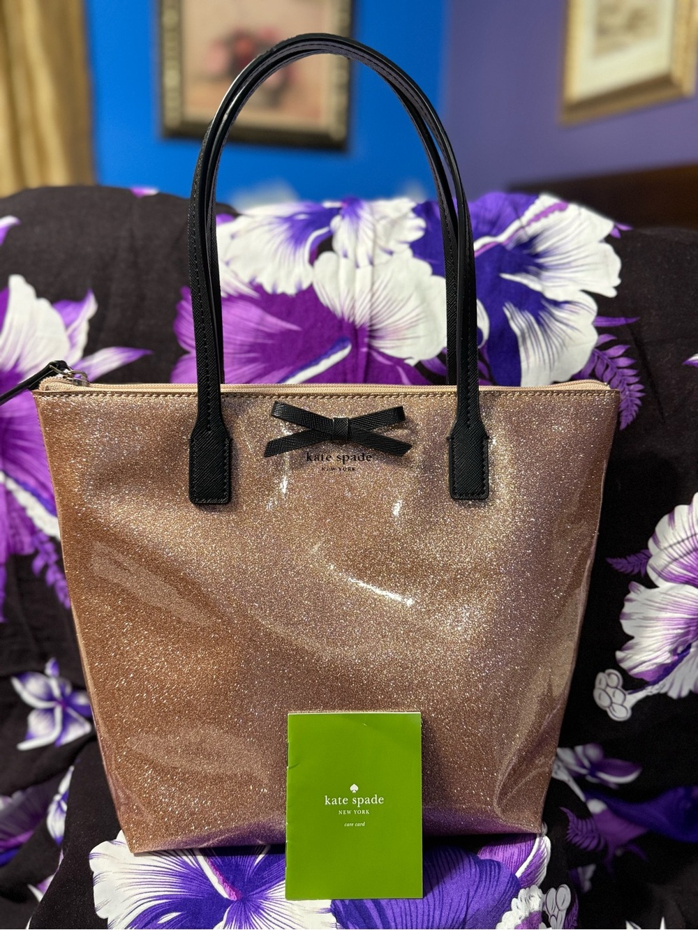 kate spade Glitter Tote in Rose Gold with Black Handles and Bow